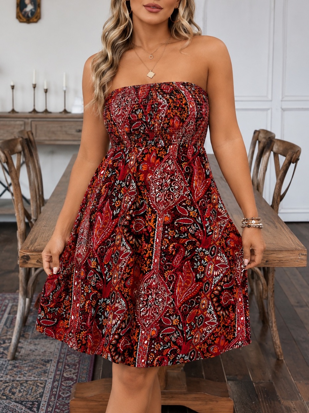 Strapless Red Paisley Summer Dress